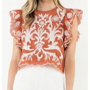 THML Women’s Rust Flutter Sleeve Cropped Top White Appliqué Front Sleeves Small